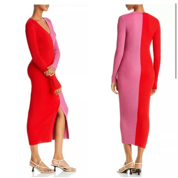 STAUD Shoko Colorblock Bodycon Sweater Dress in Lava & Peony - Picture 4 of 12
